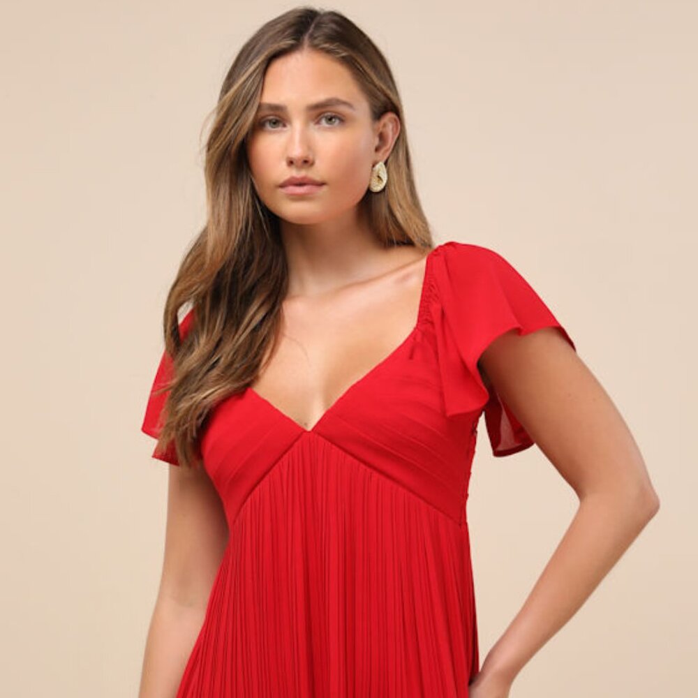 Lulus Amalfi Coast Wine Red Pleated Flutter Sleeve Mini Dress - Size L